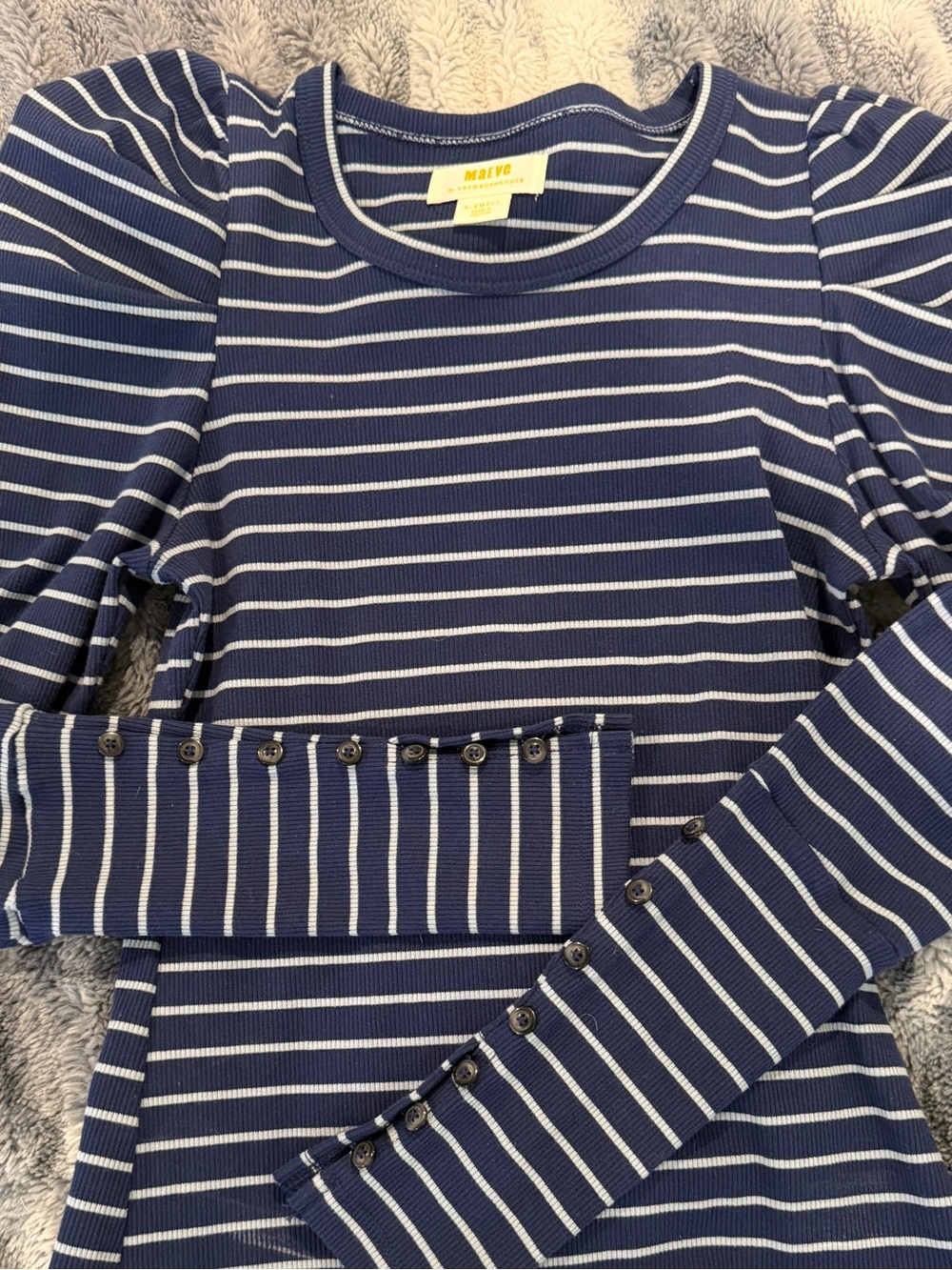 Maeve Navy and White Striped Puff-Sleeve Ribbed Top